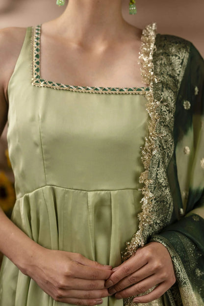 Pastel Green Flared Anarkali with Designer Net Dupatta