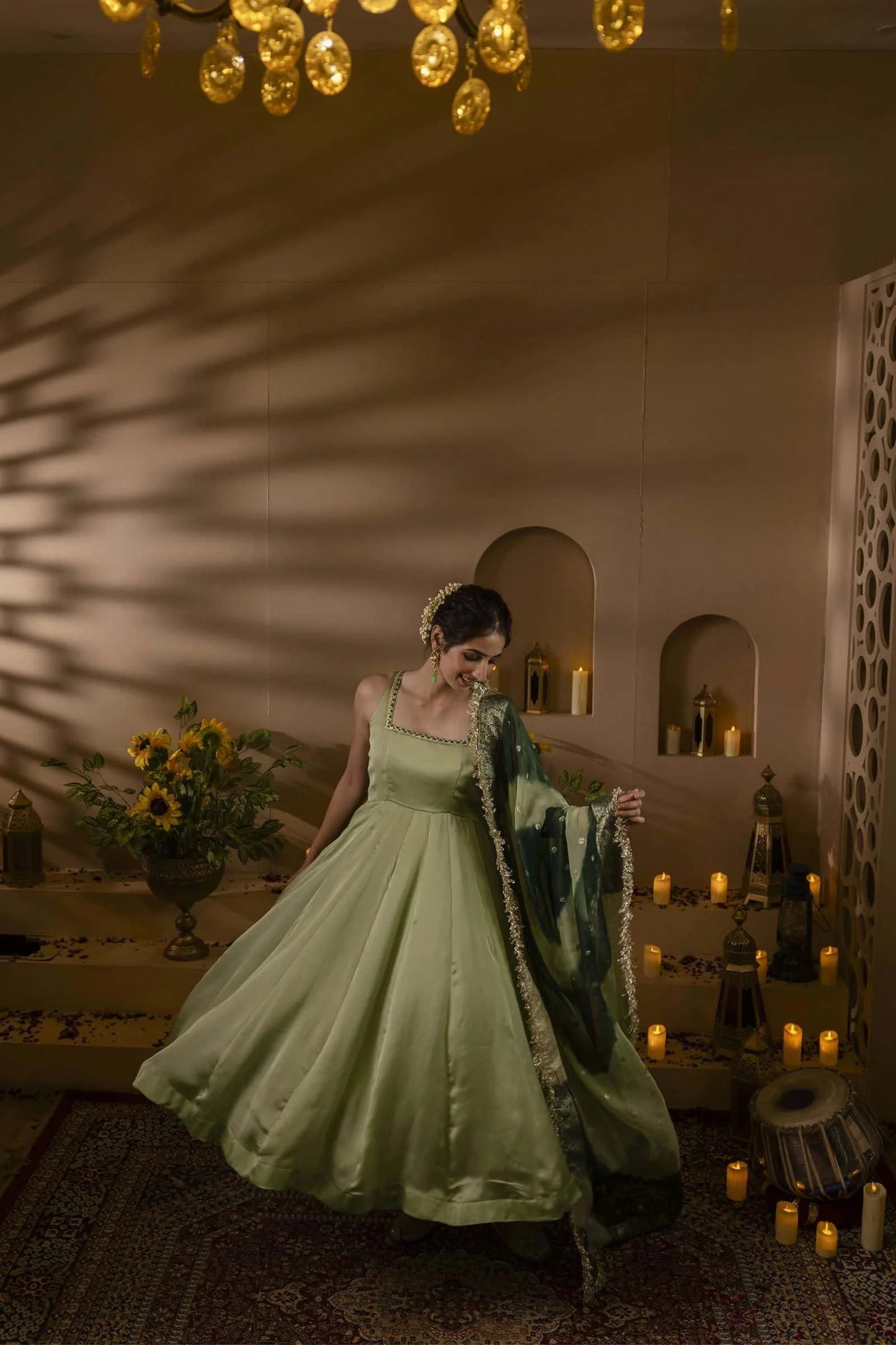 pastel green flared anarkali with designer net dupatta