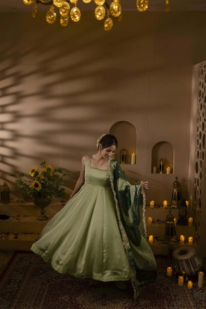 Pastel Green Flared Anarkali with Designer Net Dupatta