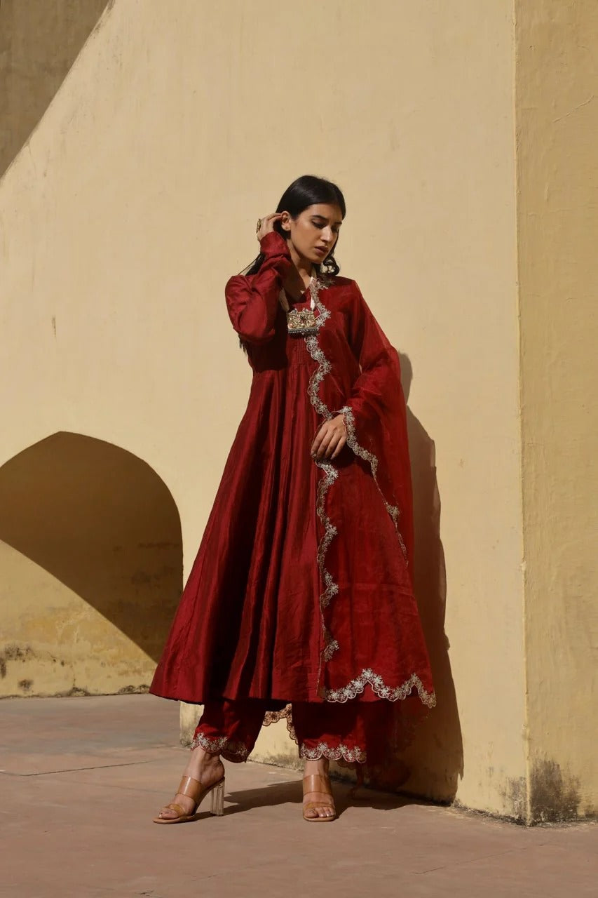 maroon zari work chanderi anarkali set
