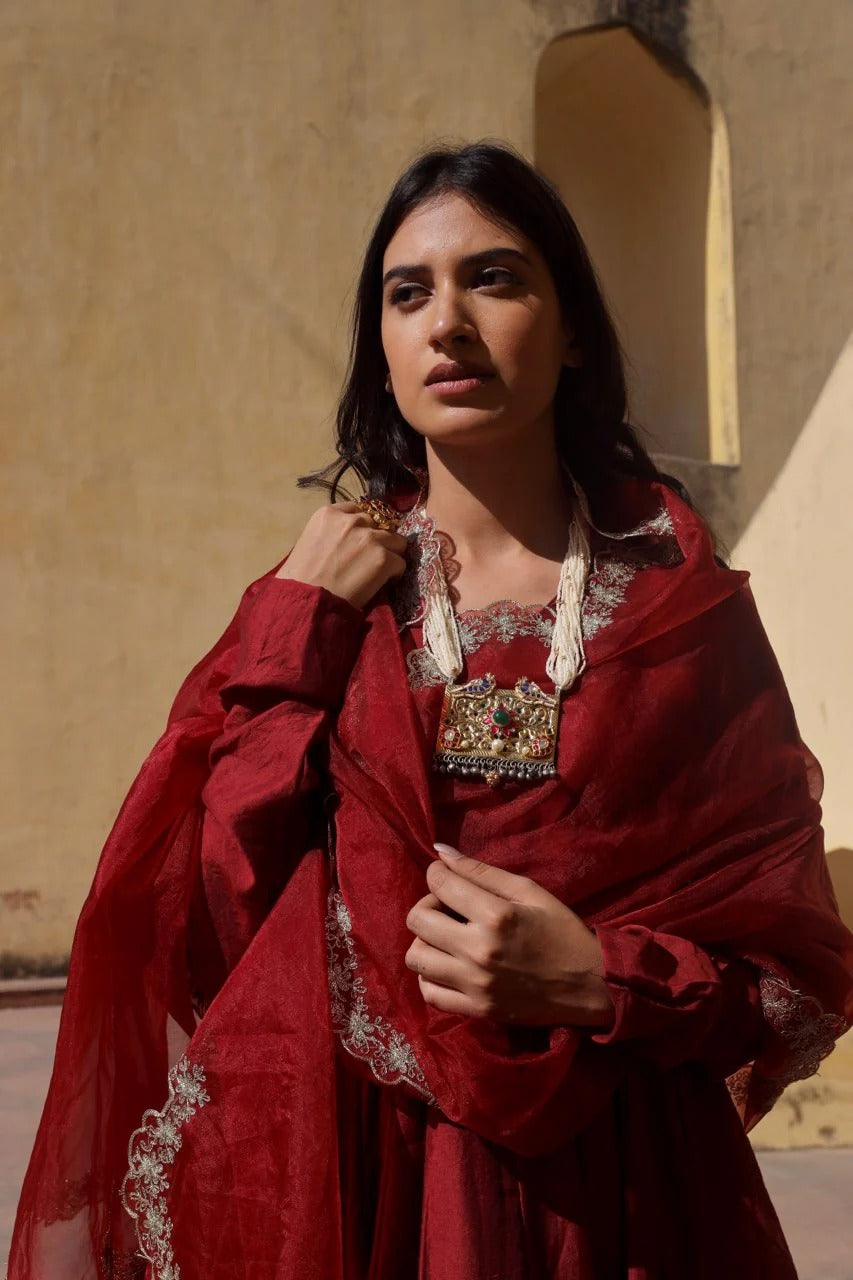 maroon zari work chanderi anarkali set