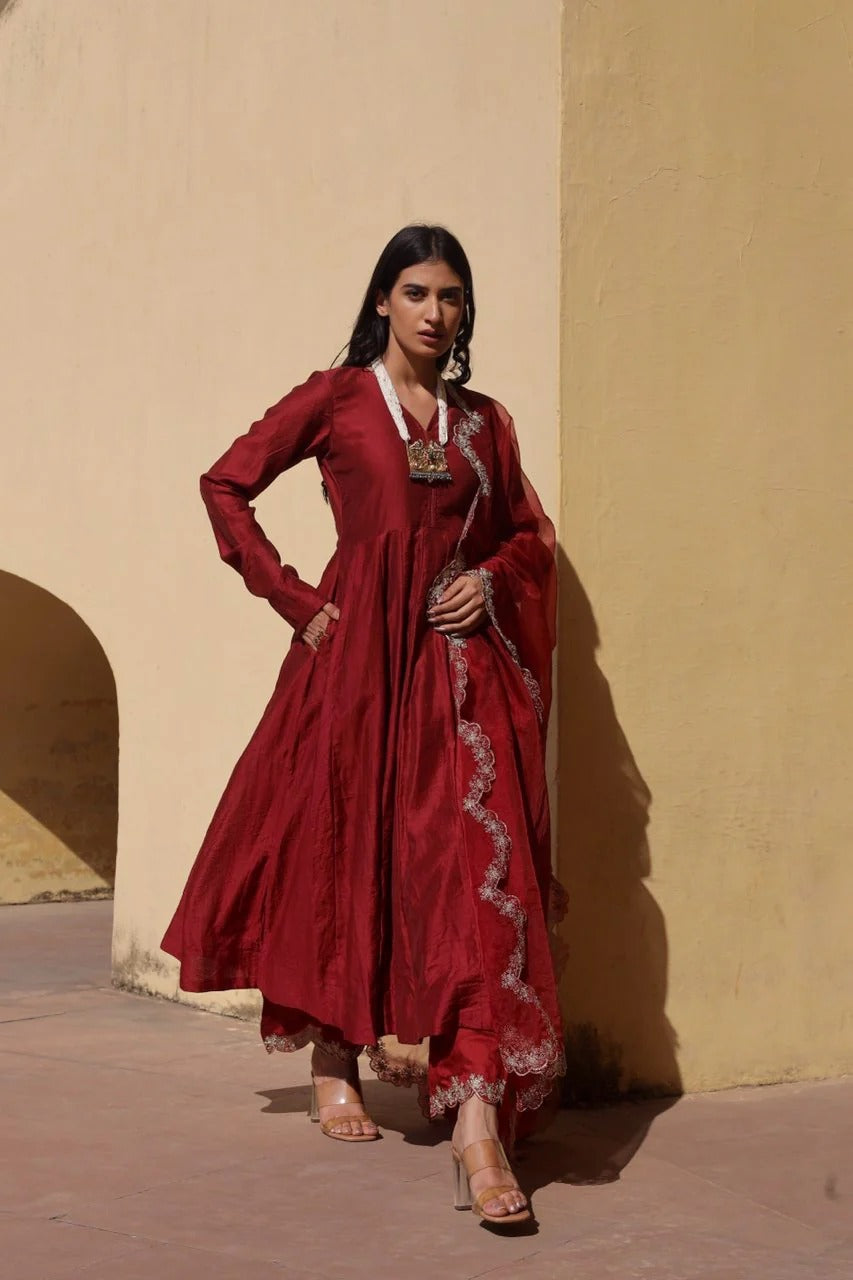 maroon zari work chanderi anarkali set