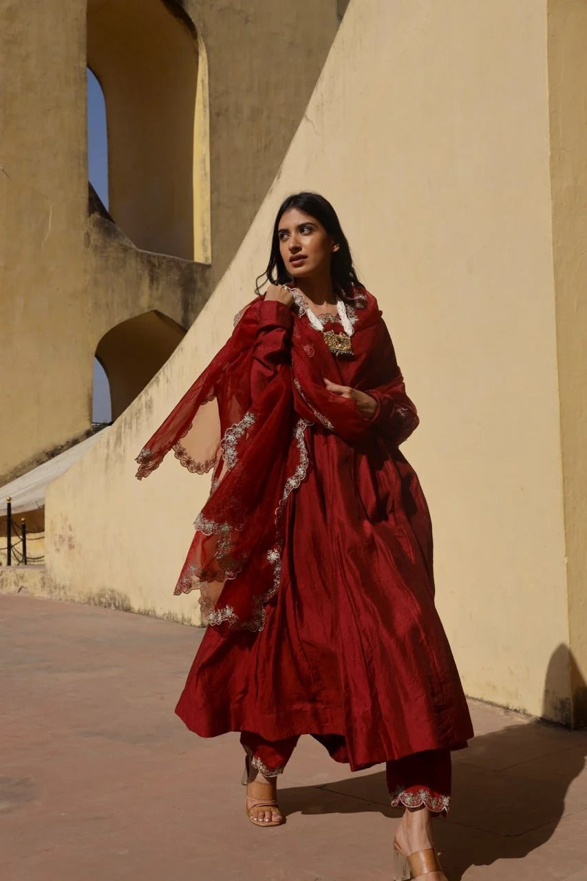 maroon zari work chanderi anarkali set