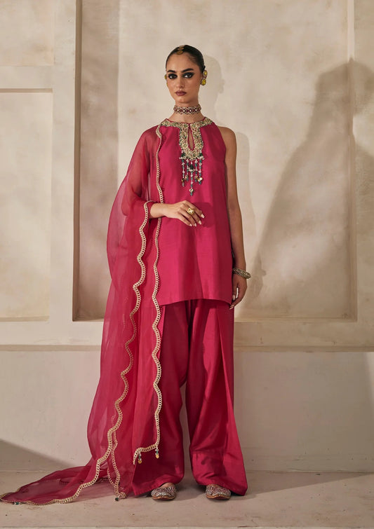 Fuchsia Pink Hand Embroidered Silk Salwar Suit Set with Dupatta