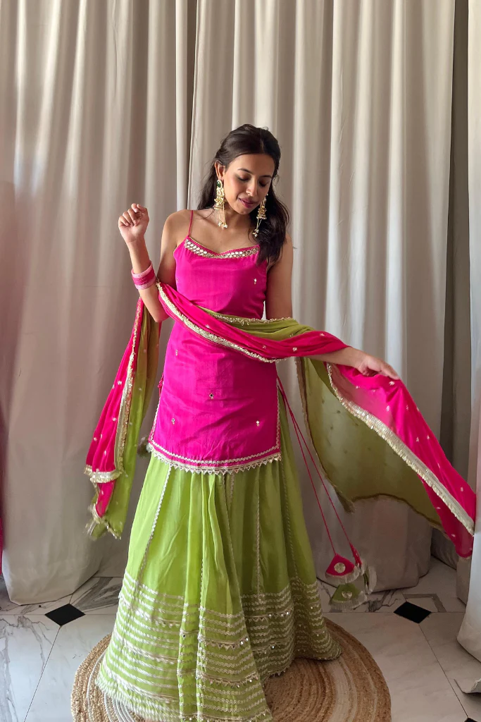 hot pink & lime green sharara suit set with dupatta
