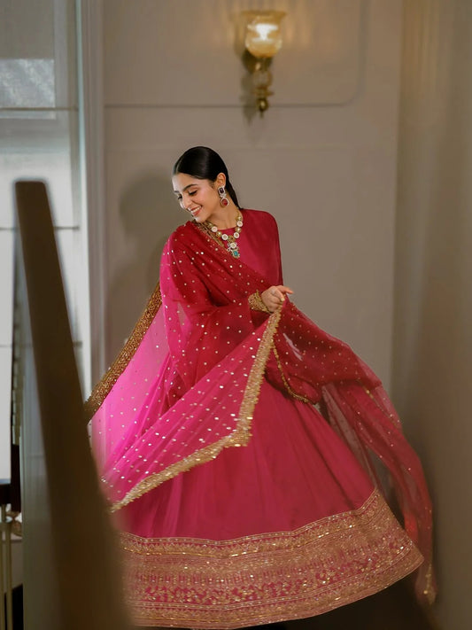 Noor Pink Color Embroidered Work Anarkali Suit Set