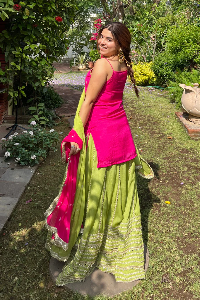 hot pink & lime green sharara suit set with dupatta