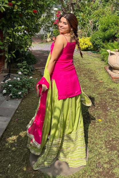 Hot Pink & Lime Green Sharara Suit Set with Dupatta
