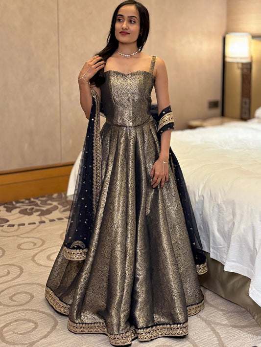 Luxury Navy Blue Jacquard Lehenga Choli Set with Designer Dupatta