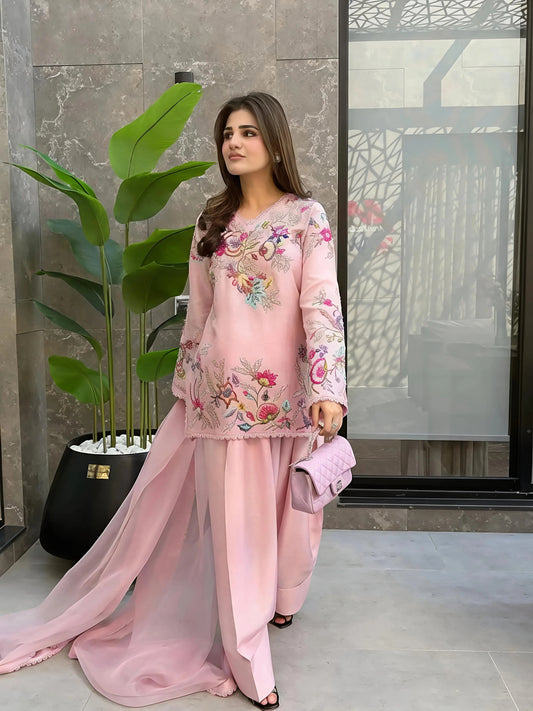 Blush Pink Floral Embroidered Kurta Sharara Set with Dupatta for Women