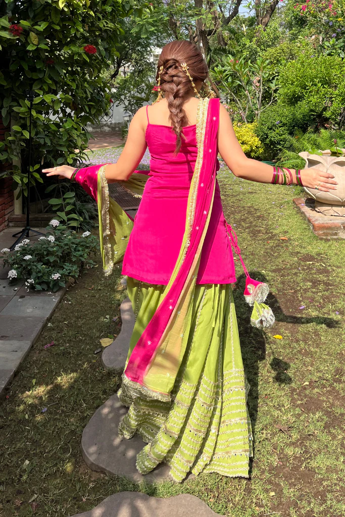 hot pink & lime green sharara suit set with dupatta