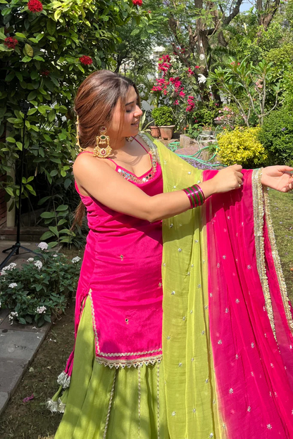 Hot Pink & Lime Green Sharara Suit Set with Dupatta