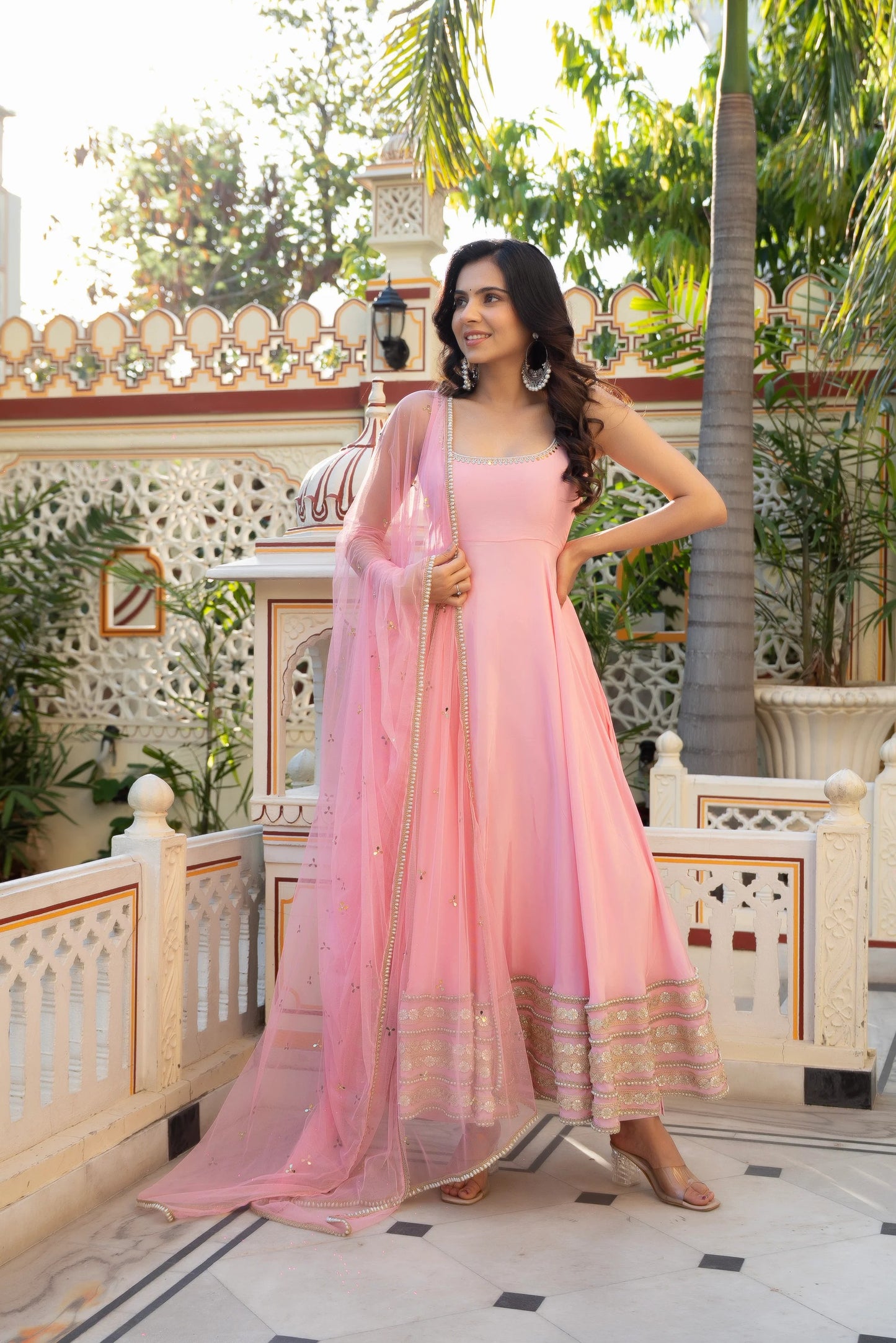 faux georgette pink anarkali with pant and dupatta wedding set