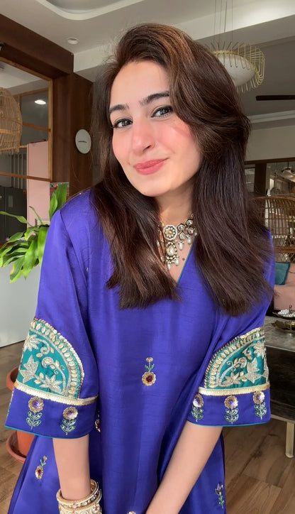 Royal Blue Embroidered A-Line Kurta Pant Set for Women