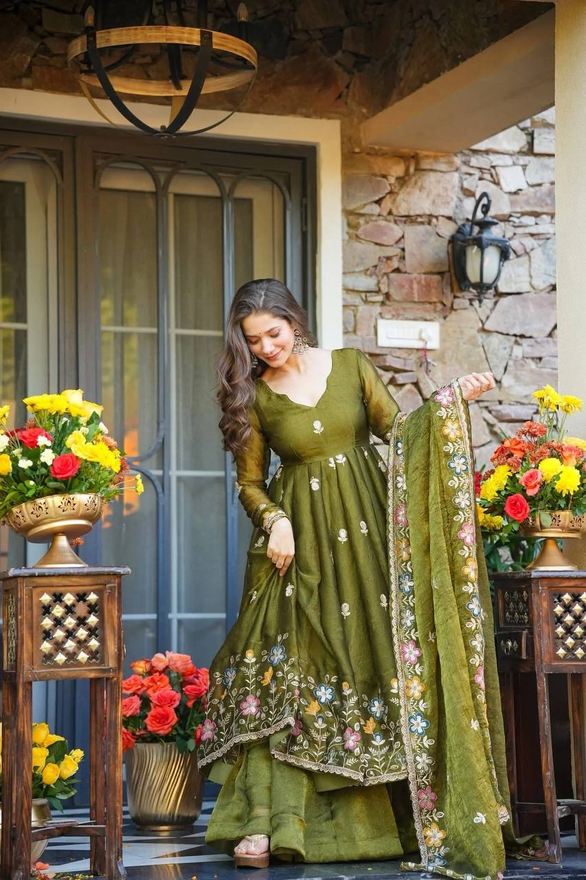 ishva floral crunchy silk anarkali premium suit set