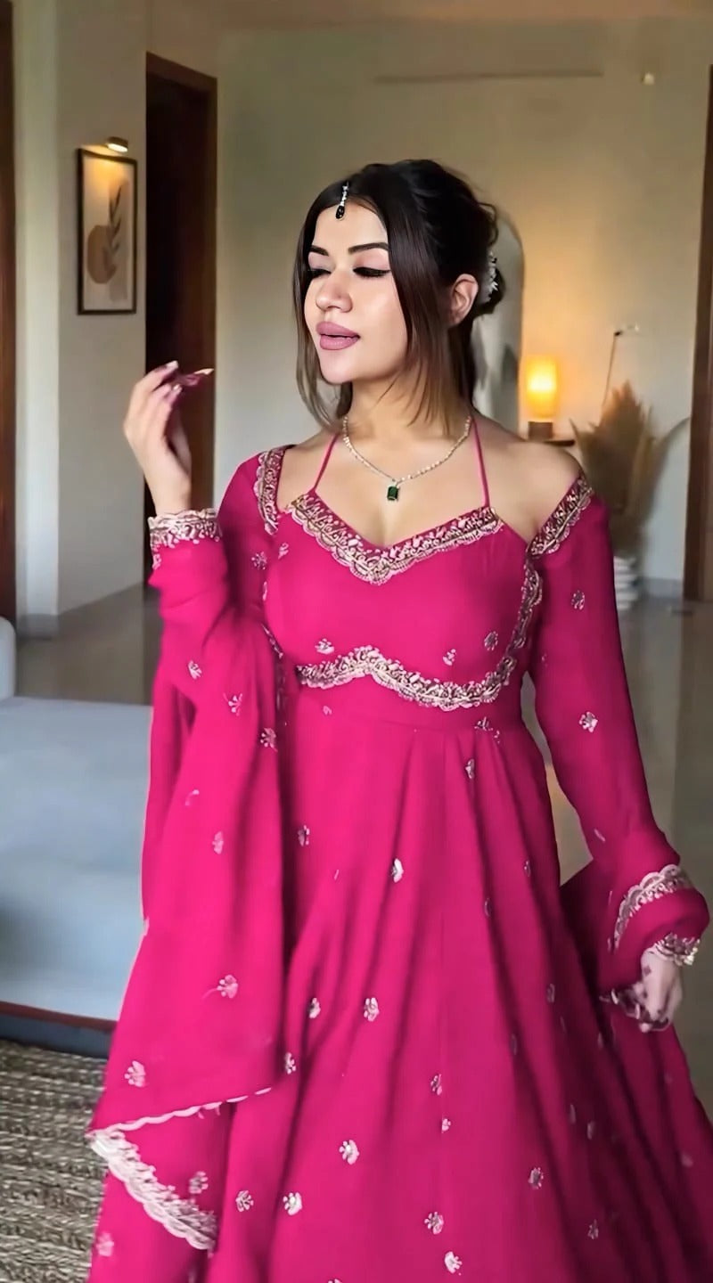 pink slit anarkali premium suit set