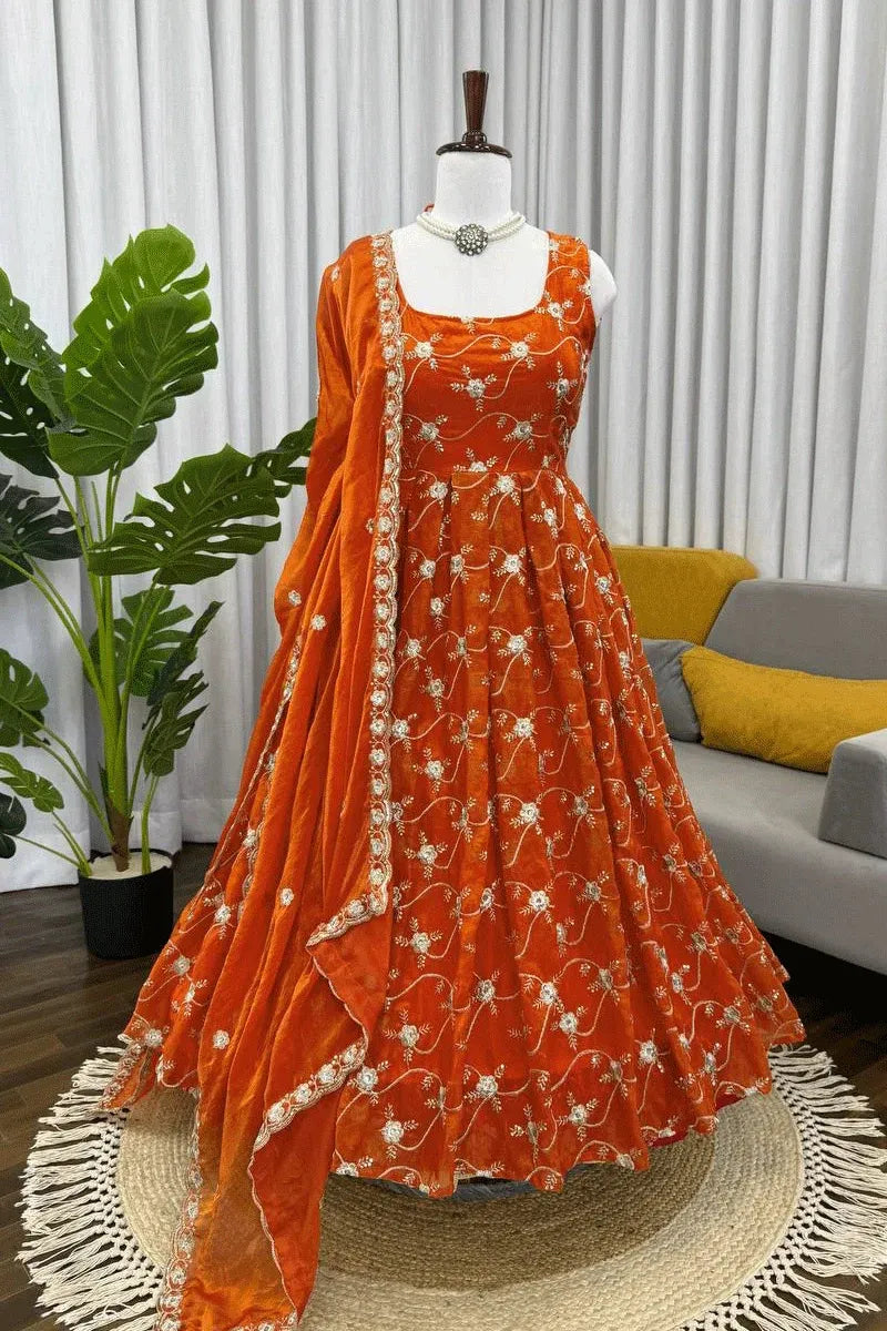 burnt orange embroidered anarkali suit set with dupatta