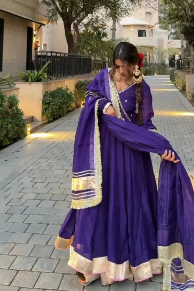siya's royal purple elegant golden border anarkali suit set