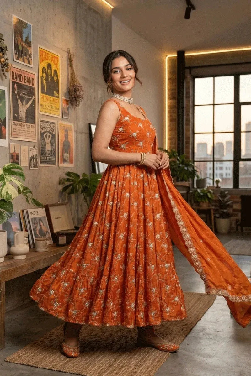 burnt orange embroidered anarkali suit set with dupatta
