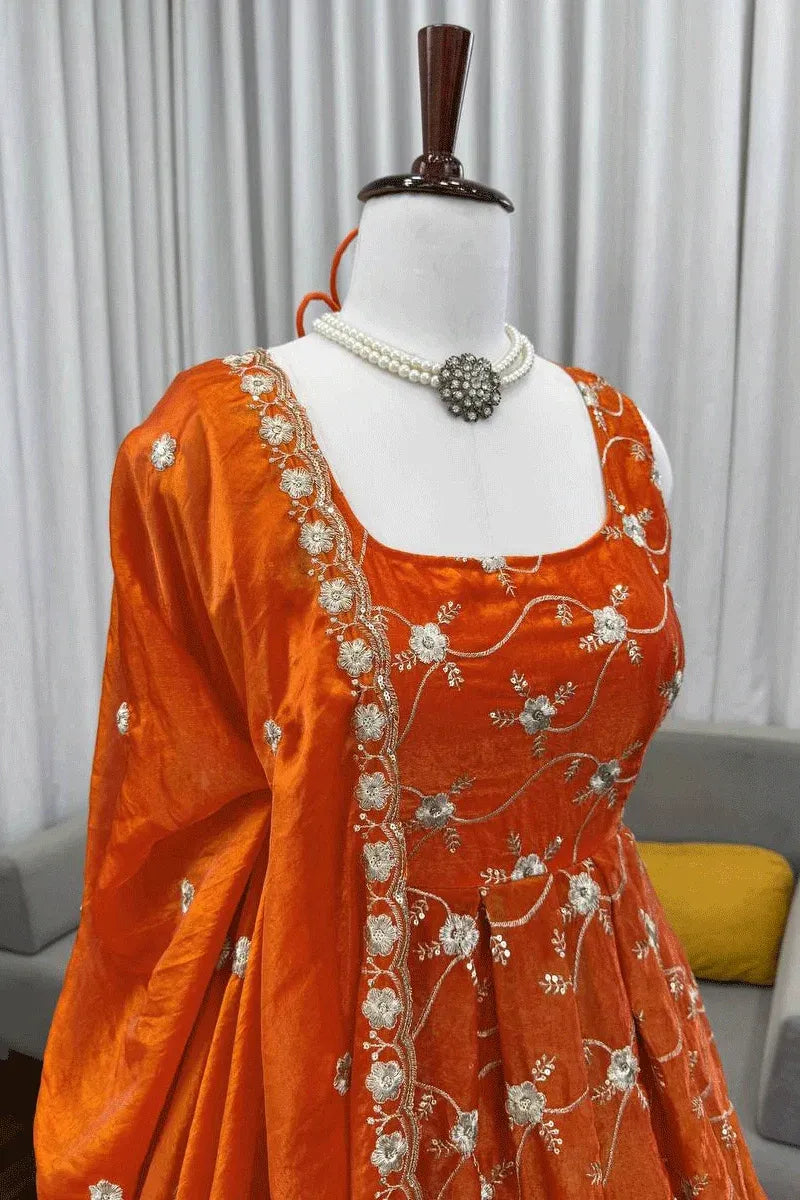 burnt orange embroidered anarkali suit set with dupatta