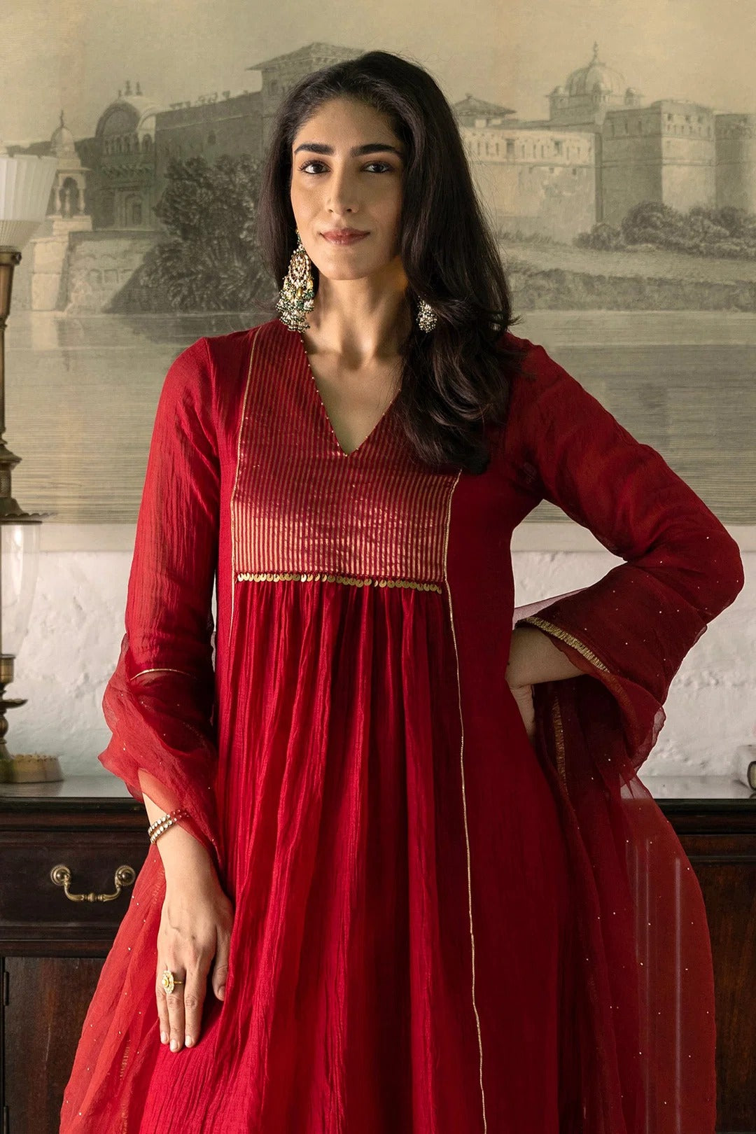elegant ruby red mal chanderi anarkali suit set with organza dupatta