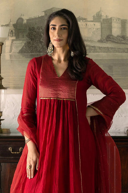 Elegant Ruby Red Mal Chanderi Anarkali Suit Set with Organza Dupatta