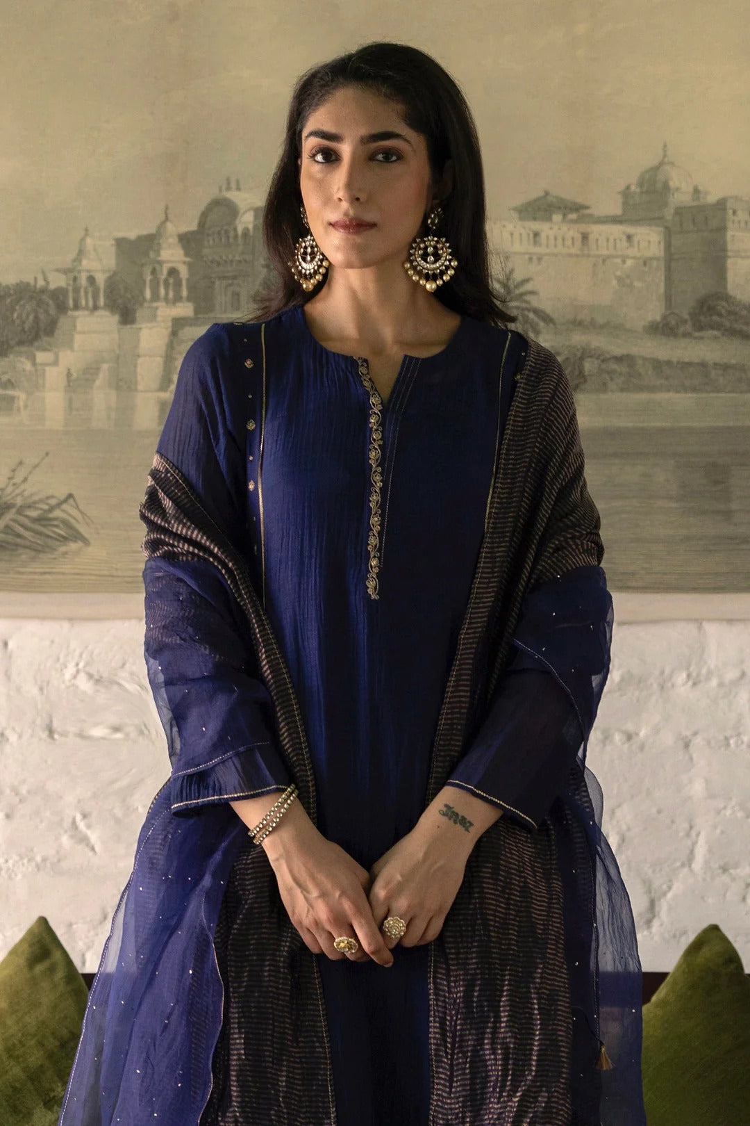 navy blue mal chanderi straight kurta set with organza dupatta