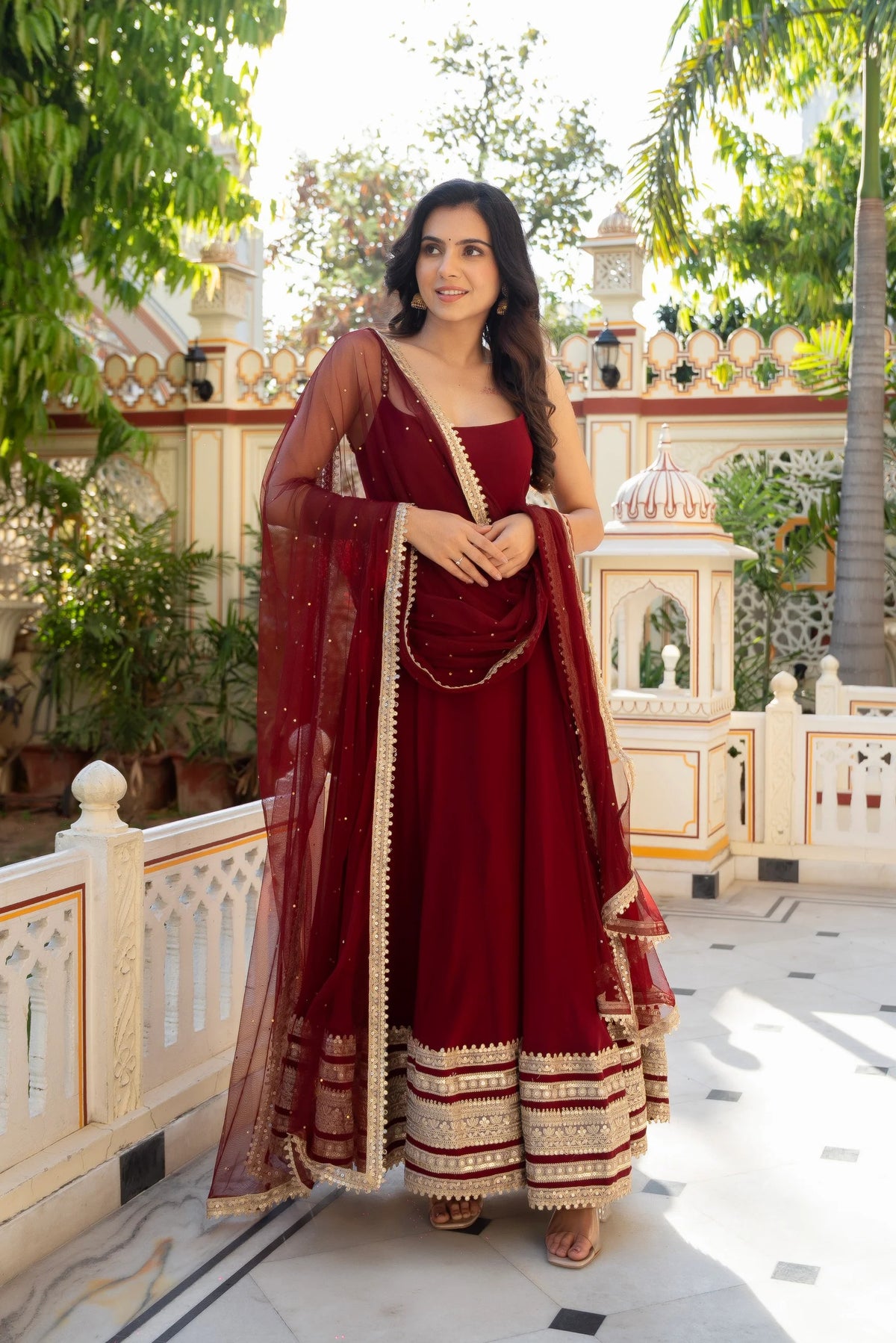 maroon embroidered anarkali suit set with  dupatta
