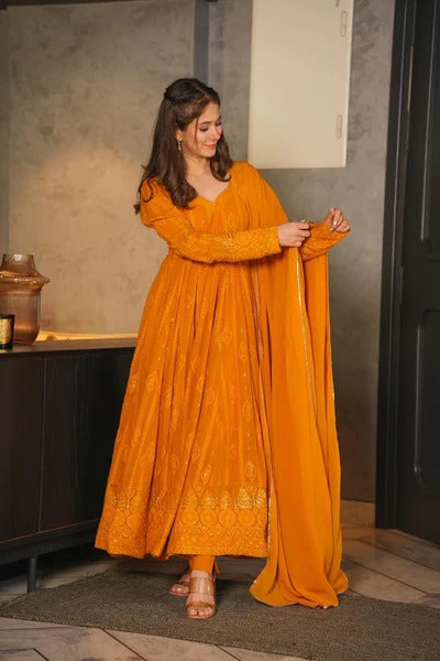 mustard premium quality maxi anarkali suit set