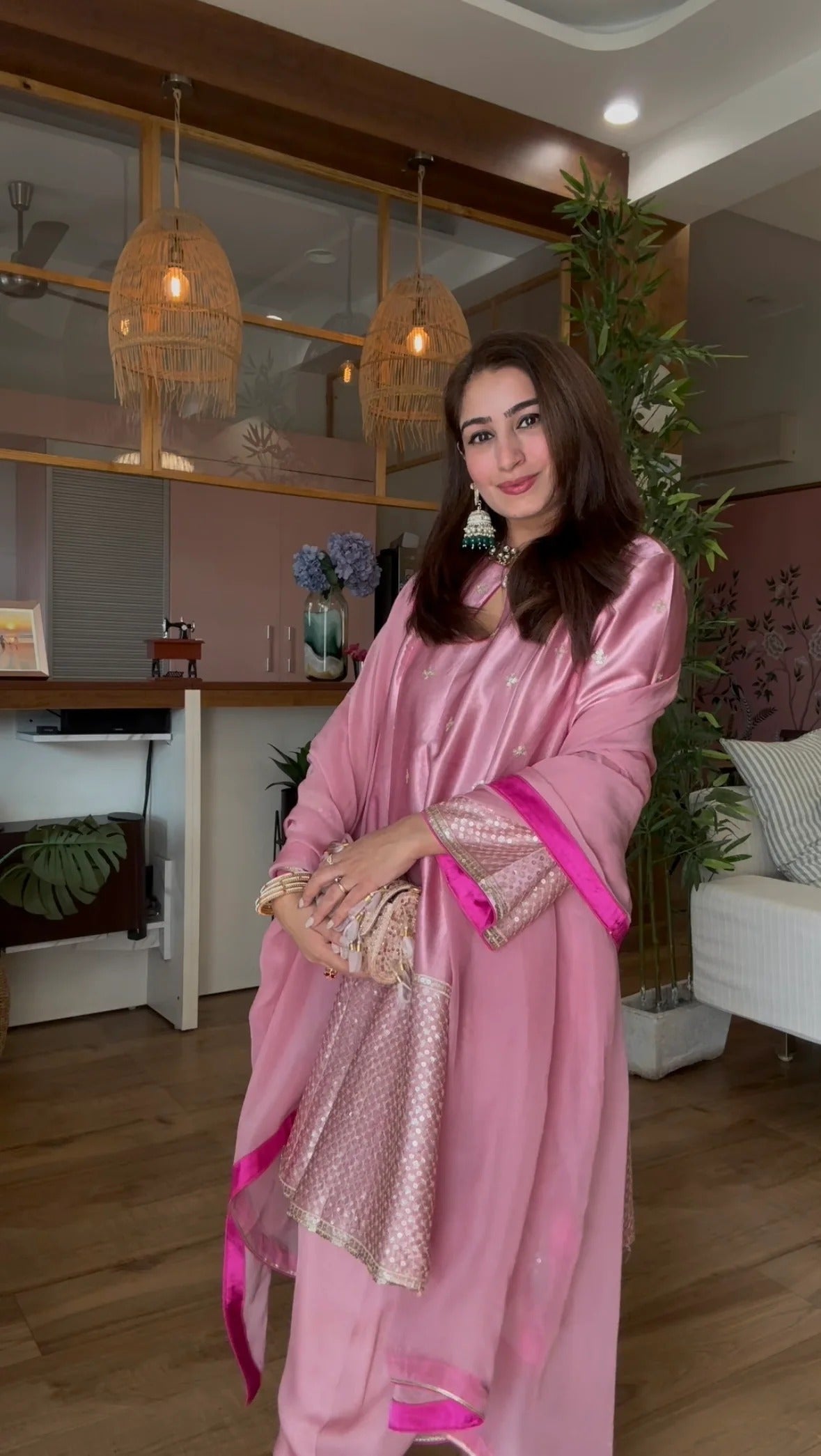 pink gajji silk embroidered 3 piece suit set