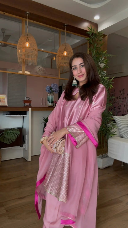 Pink Gajji Silk Embroidered 3 Piece Suit Set