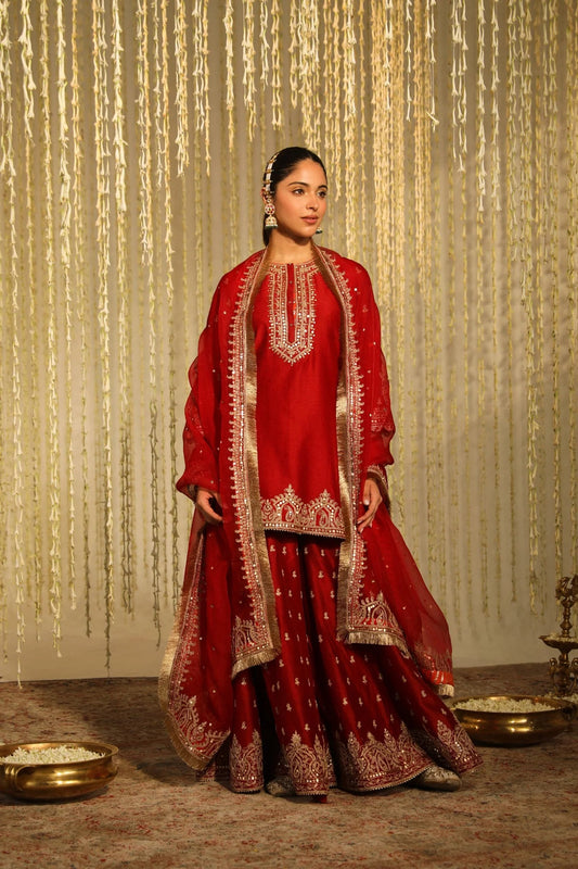 Deep Red Kurta With Sharara And Dupatta