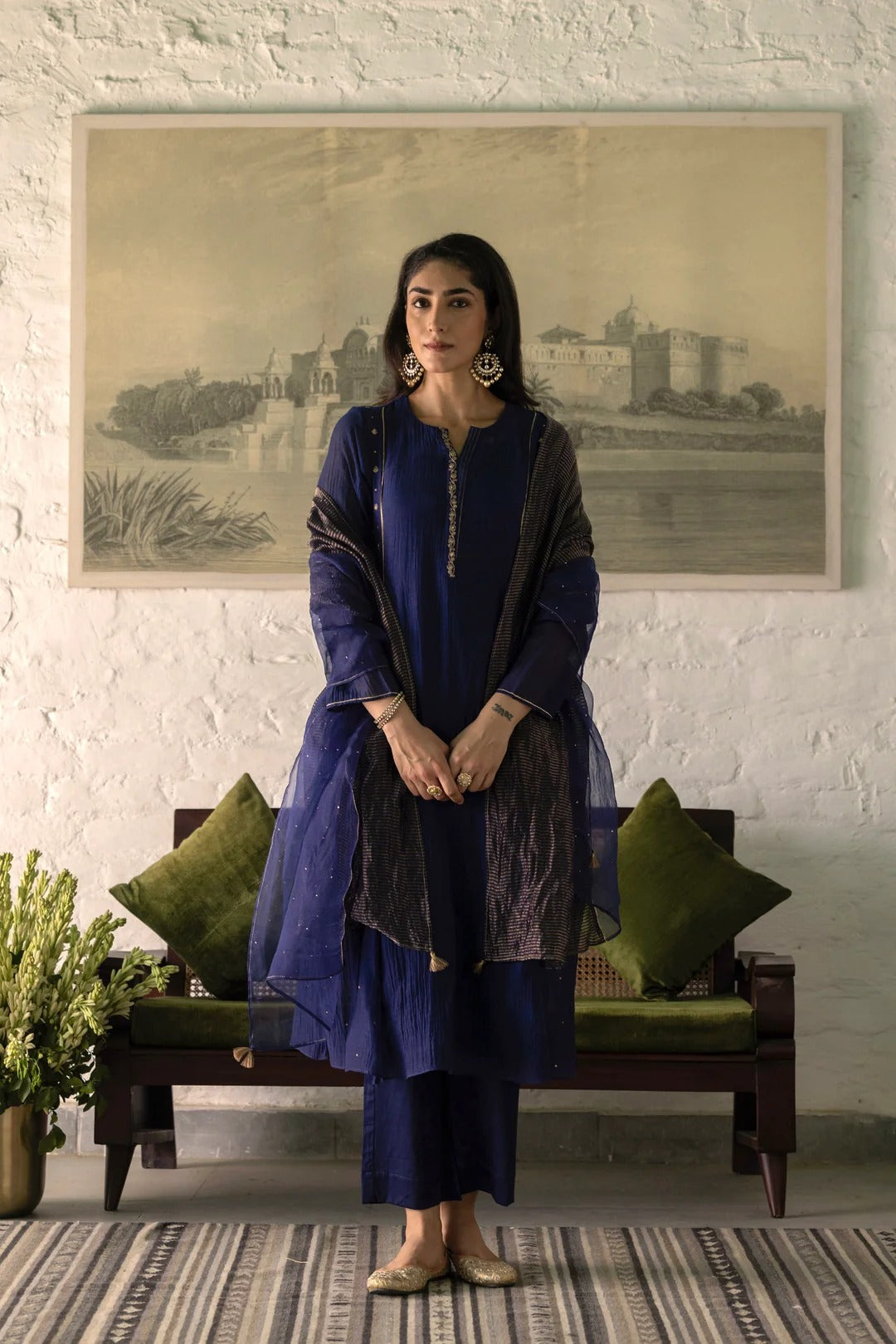 navy blue mal chanderi straight kurta set with organza dupatta