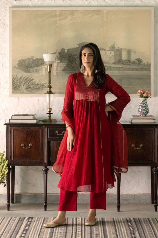 Elegant Ruby Red Mal Chanderi Anarkali Suit Set with Organza Dupatta