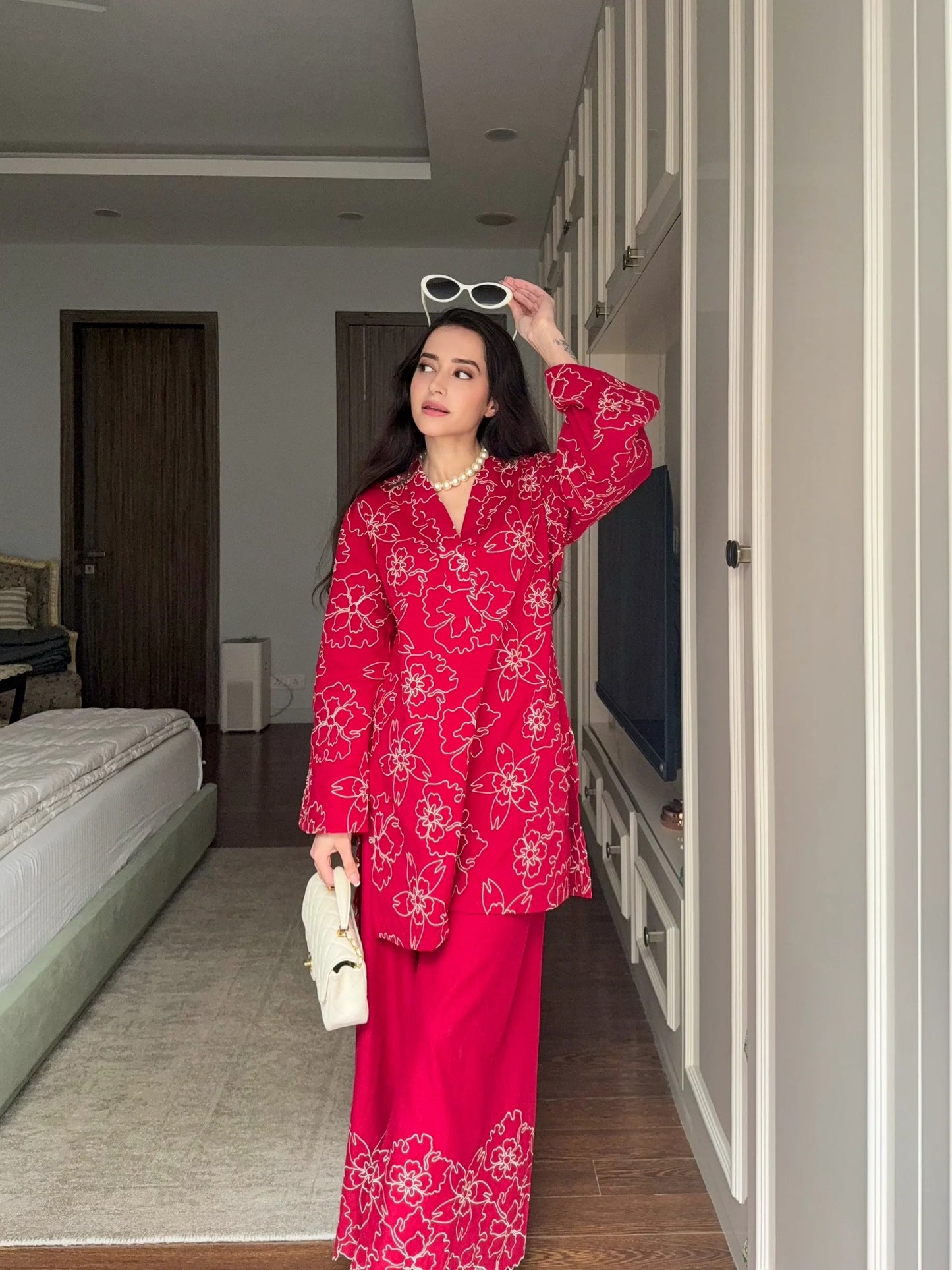 red floral printed kurta & palazzo set for women