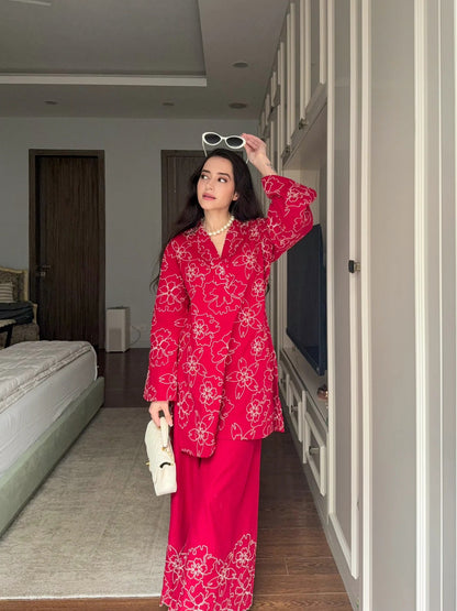 Red Floral Printed Kurta & Palazzo Set for Women