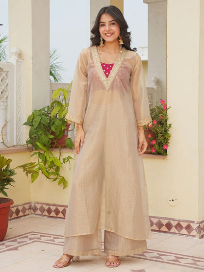 Elegant Beige Tissue Embroidered Kurta Palazzo Set for Women