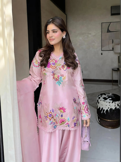 Blush Pink Floral Embroidered Kurta Sharara Set with Dupatta for Women