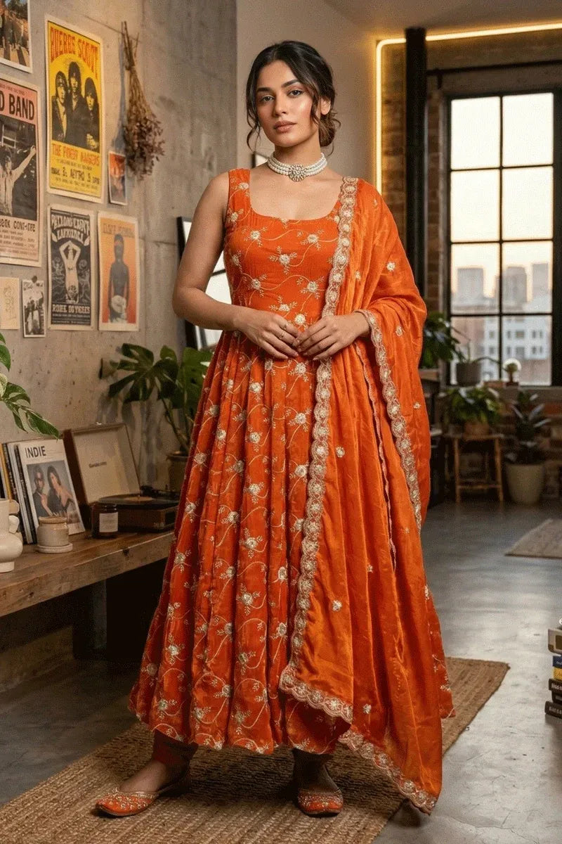 burnt orange embroidered anarkali suit set with dupatta