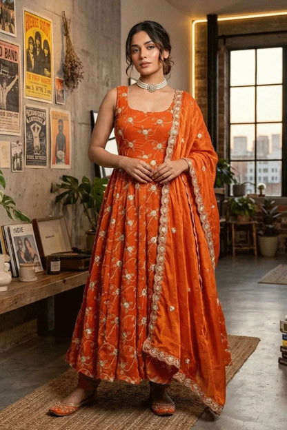 Burnt Orange Embroidered Anarkali Suit Set with Dupatta