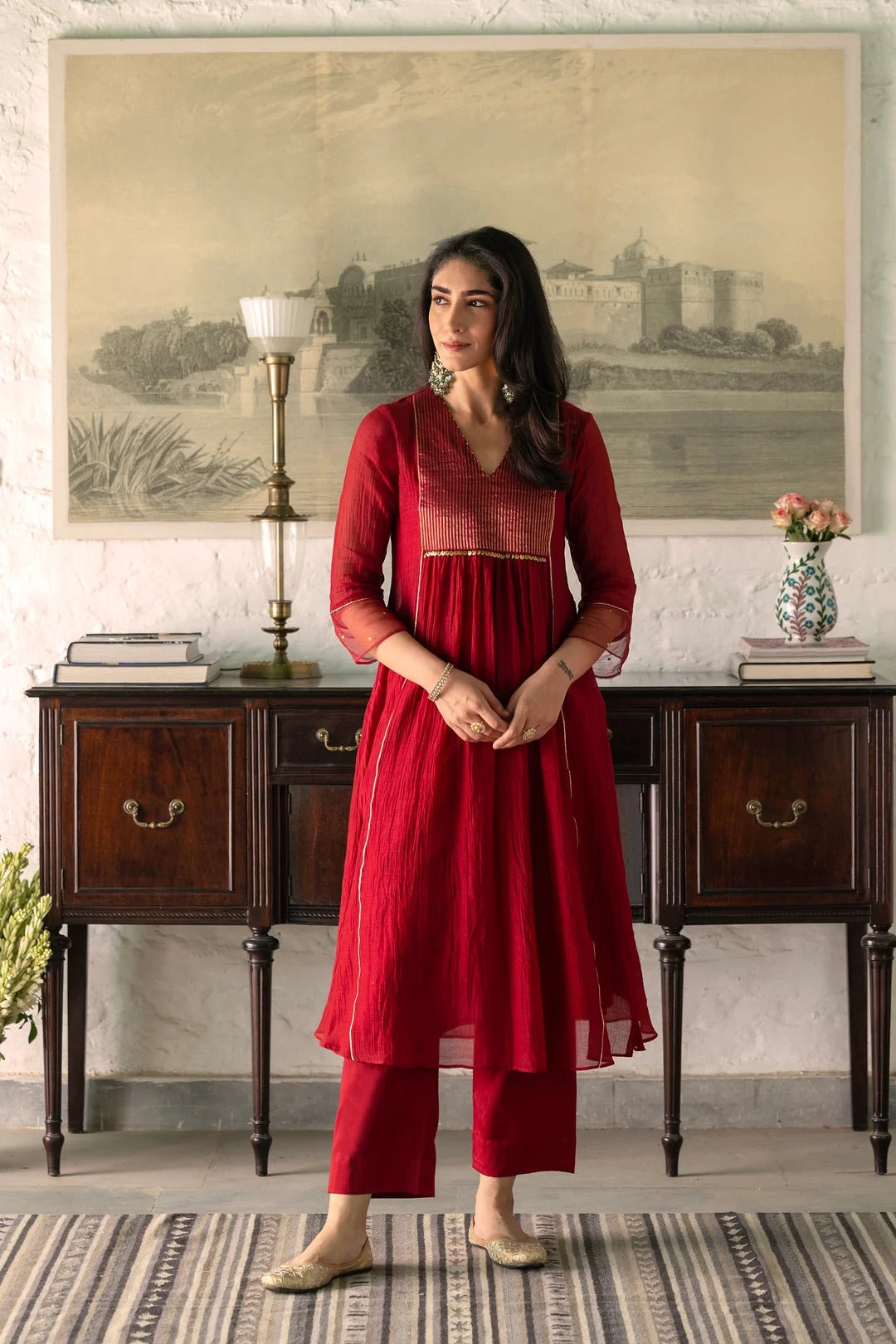 elegant ruby red mal chanderi anarkali suit set with organza dupatta