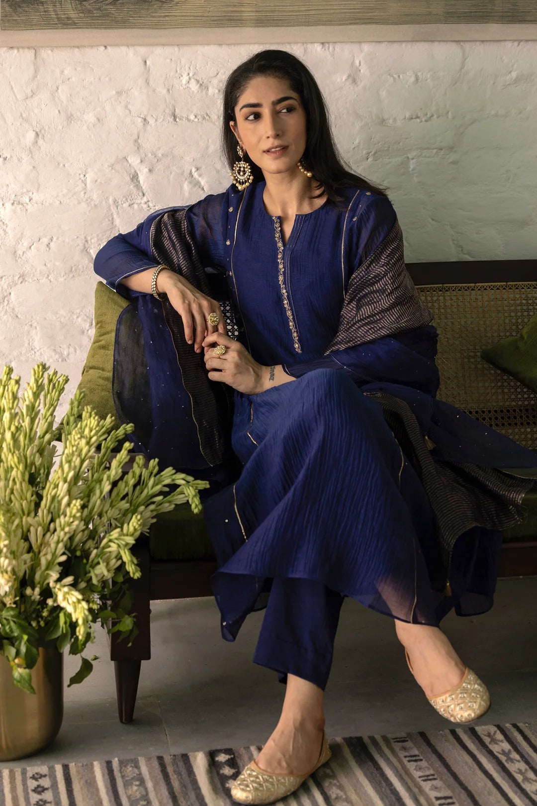 navy blue mal chanderi straight kurta set with organza dupatta