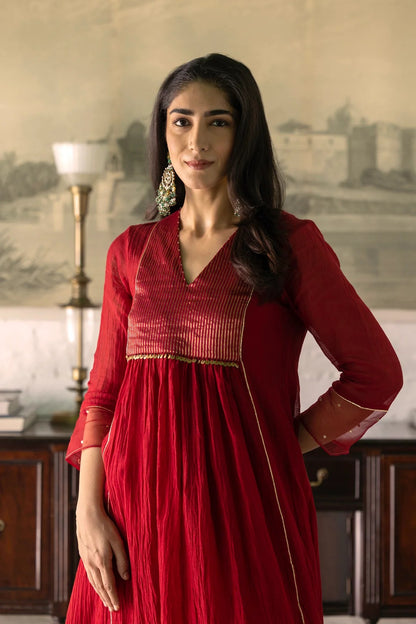 Elegant Ruby Red Mal Chanderi Anarkali Suit Set with Organza Dupatta