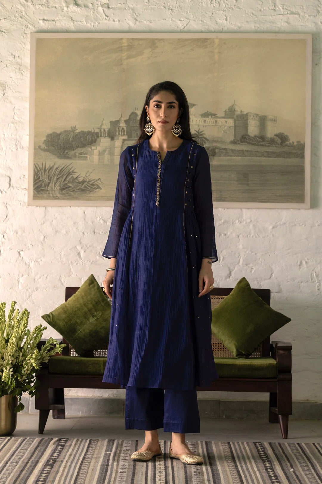 navy blue mal chanderi straight kurta set with organza dupatta