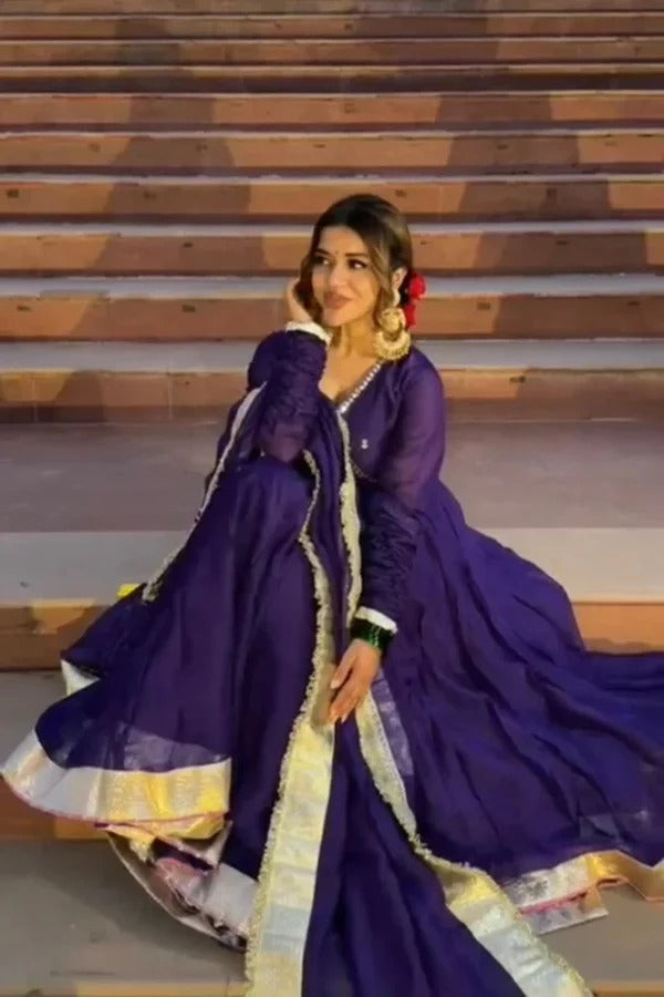 siya's royal purple elegant golden border anarkali suit set