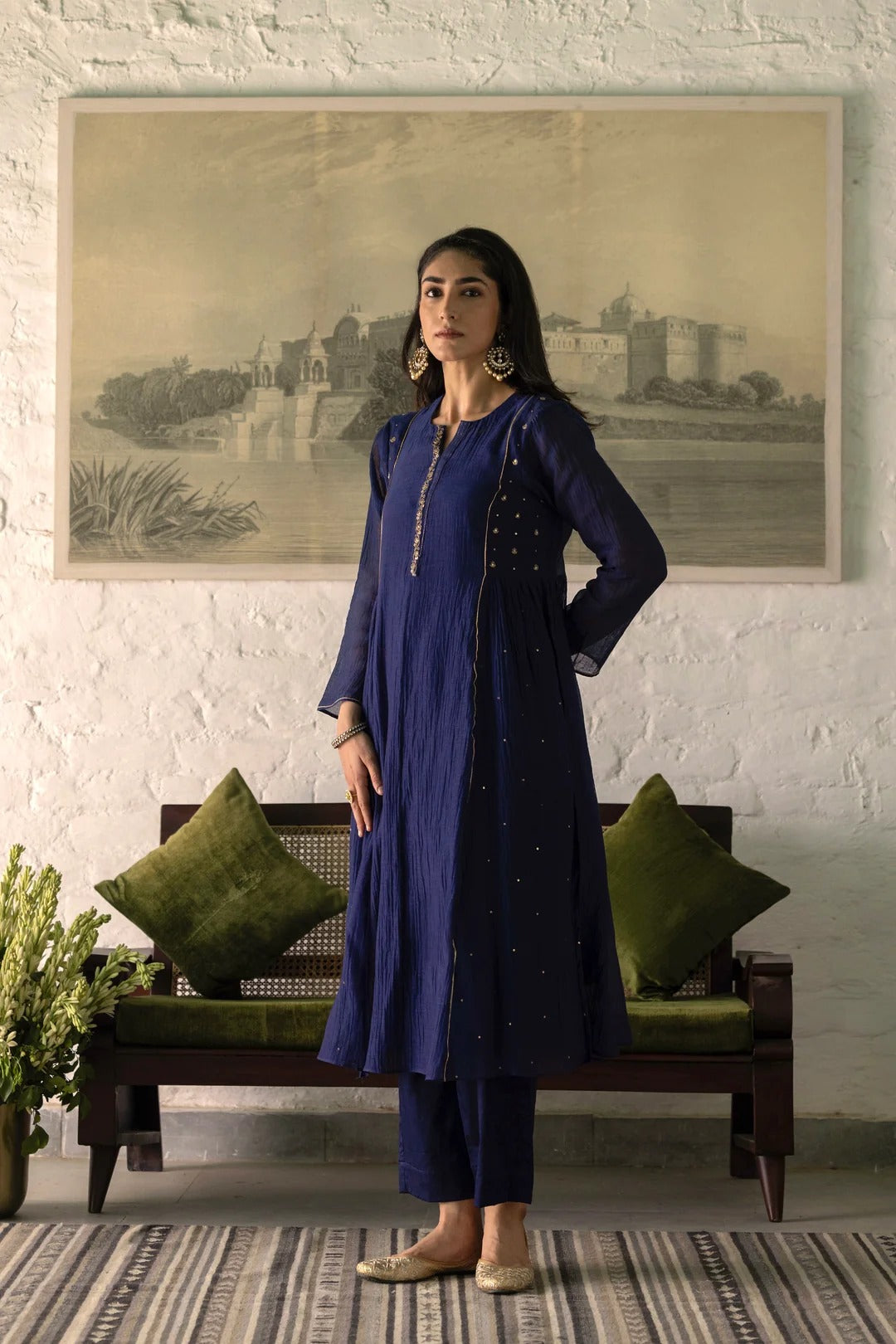 navy blue mal chanderi straight kurta set with organza dupatta