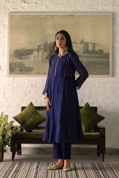 Navy Blue Mal Chanderi Straight Kurta Set with Organza Dupatta