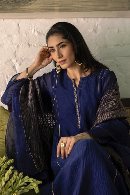 Navy Blue Mal Chanderi Straight Kurta Set with Organza Dupatta