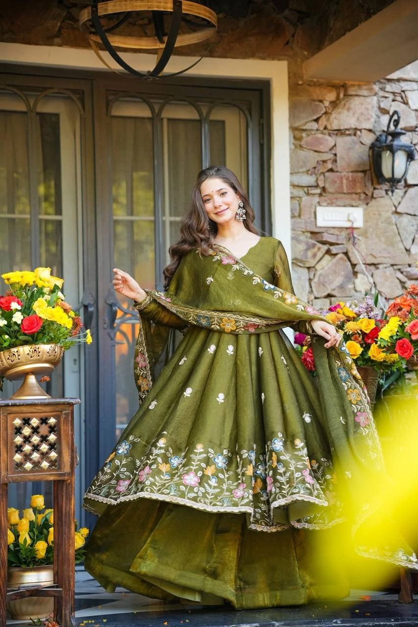 ishva floral crunchy silk anarkali premium suit set