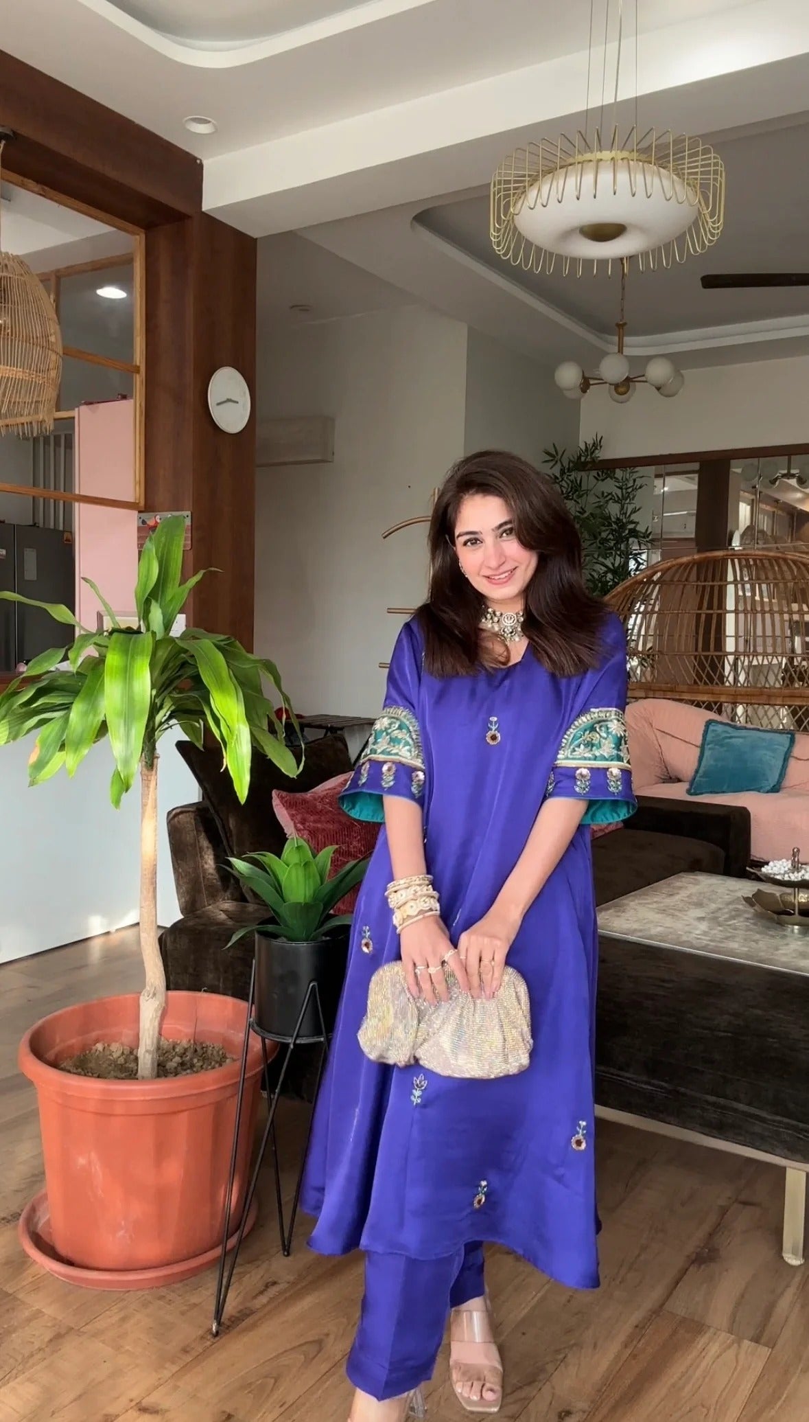 royal blue embroidered a-line kurta pant set for women